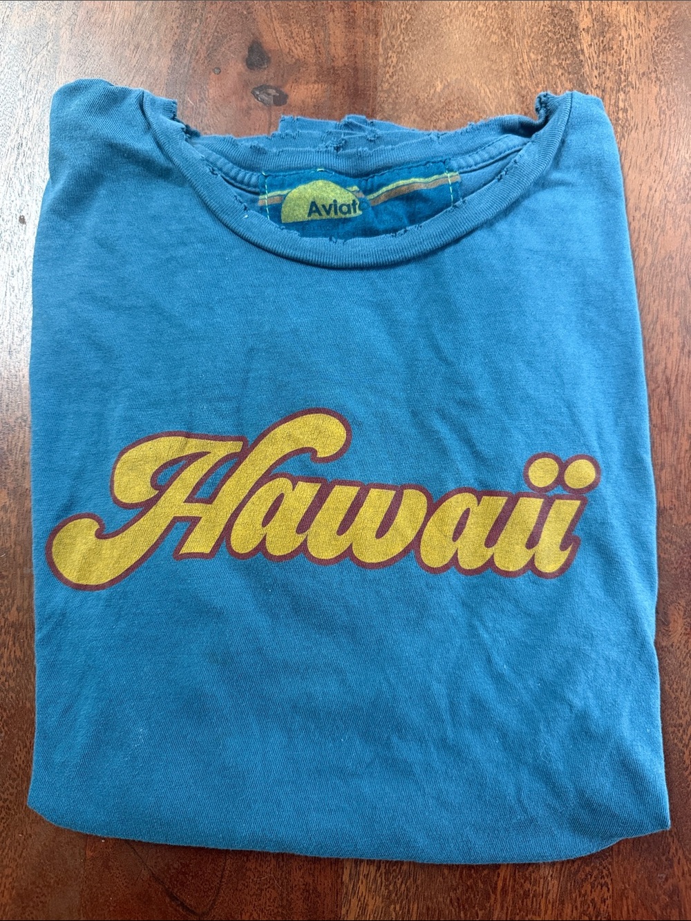 Aviator Nation Blue Tee with Yellow Hawaii Script large men's unisex retro